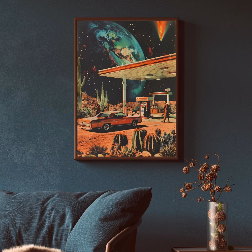 Affiche impression sur toile style rétro " Station essence dans l'espace "