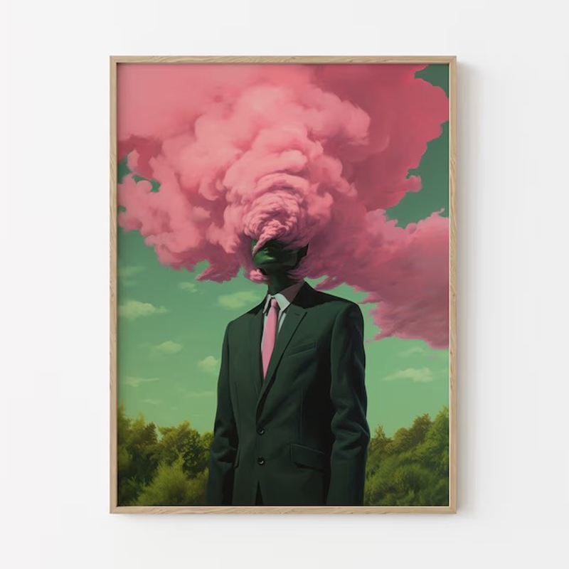 Art, nuage surréaliste rose et vert œuvre d'art, impression murale, Trippy Art tête sans cadre dans les nuages rétro