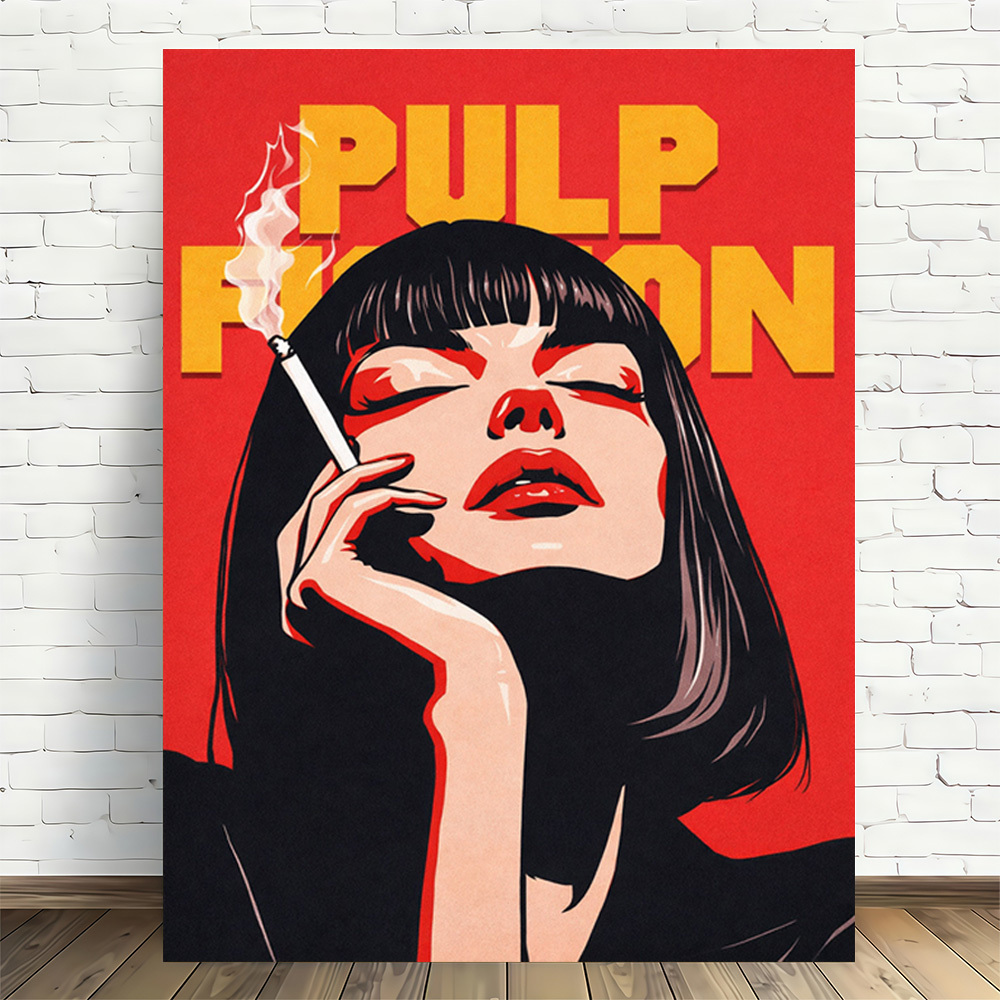 Poster Pulp Fiction Style Rétro - Femme à la Cigarette sur Toile Rouge