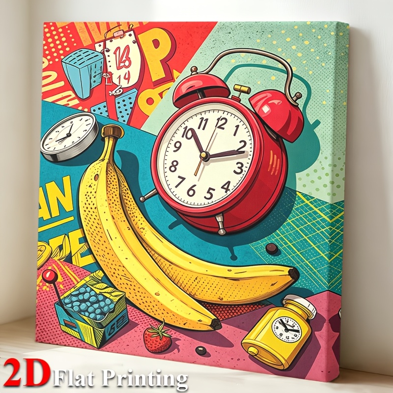 Art sur toile de style rétro avec réveil rouge, bananes
